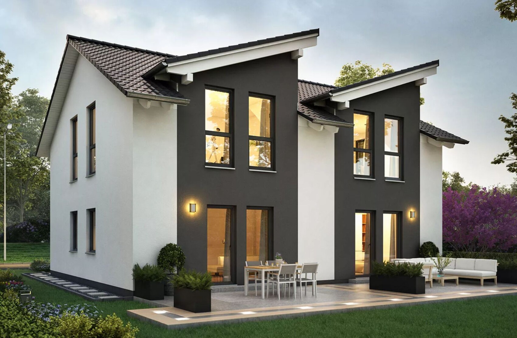 Moderne zweigeschossige Hausfassade mit Terrasse und Garten als 3D Render