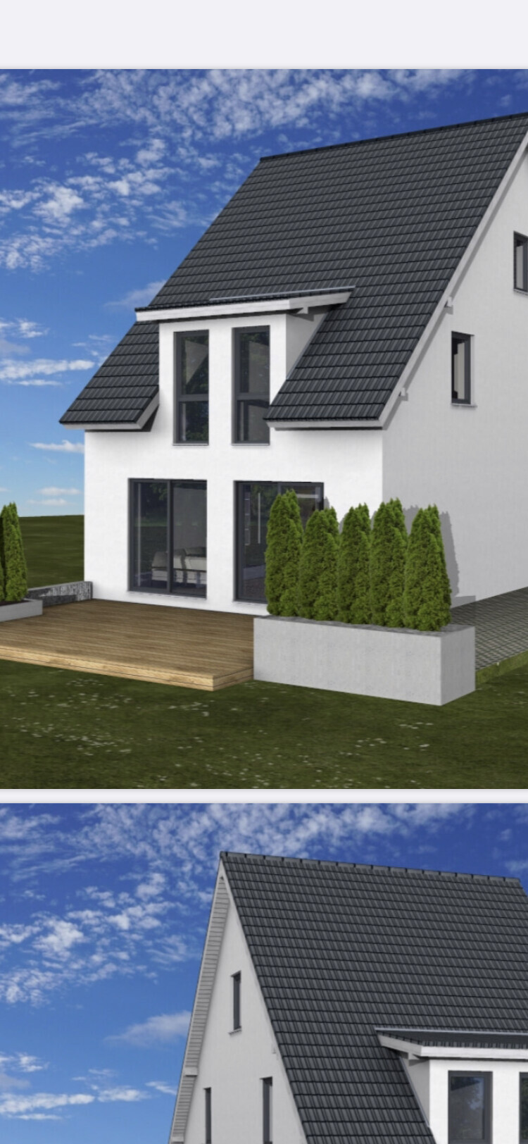 Modernes weißes Haus mit dunklem Ziegeldach, großen Glasfronten, Holzterrasse und Hecken.
