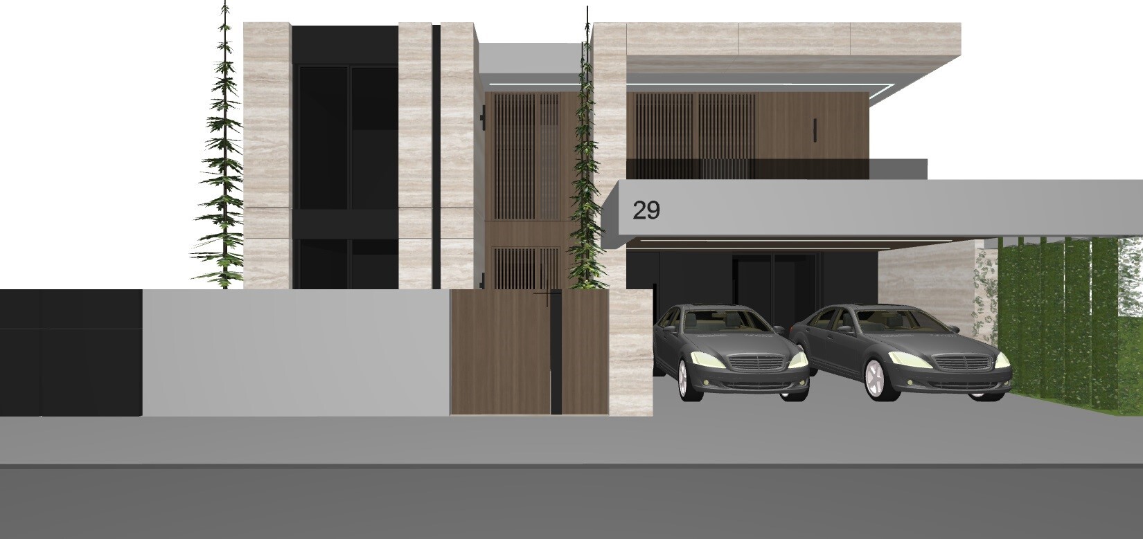 Moderne Hausfront mit Einfahrt, zwei grauen Autos und grüner Begrünung