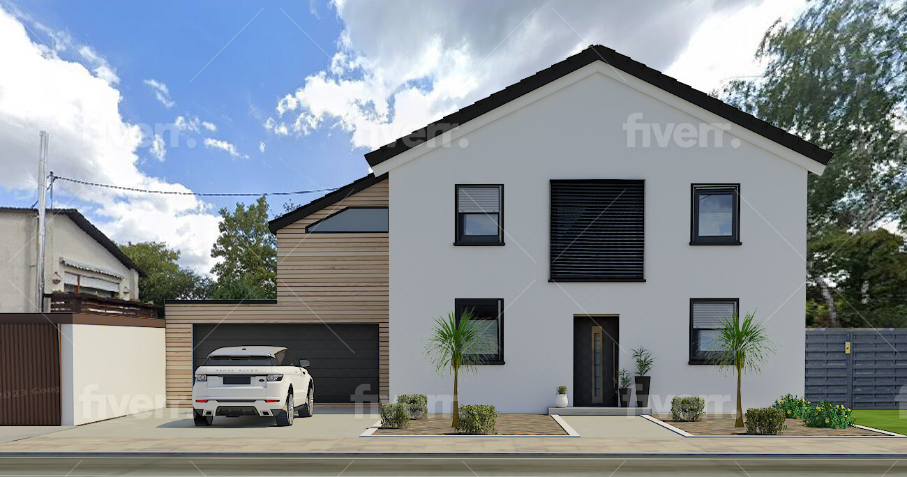 Moderne zweistöckige Hausfront mit Garage und Eingang in 3D-Visualisierung