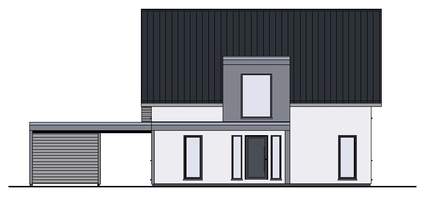 Moderne zweistöckige Hausfassade mit dunklem Dach, Eingangstür und Garage.
