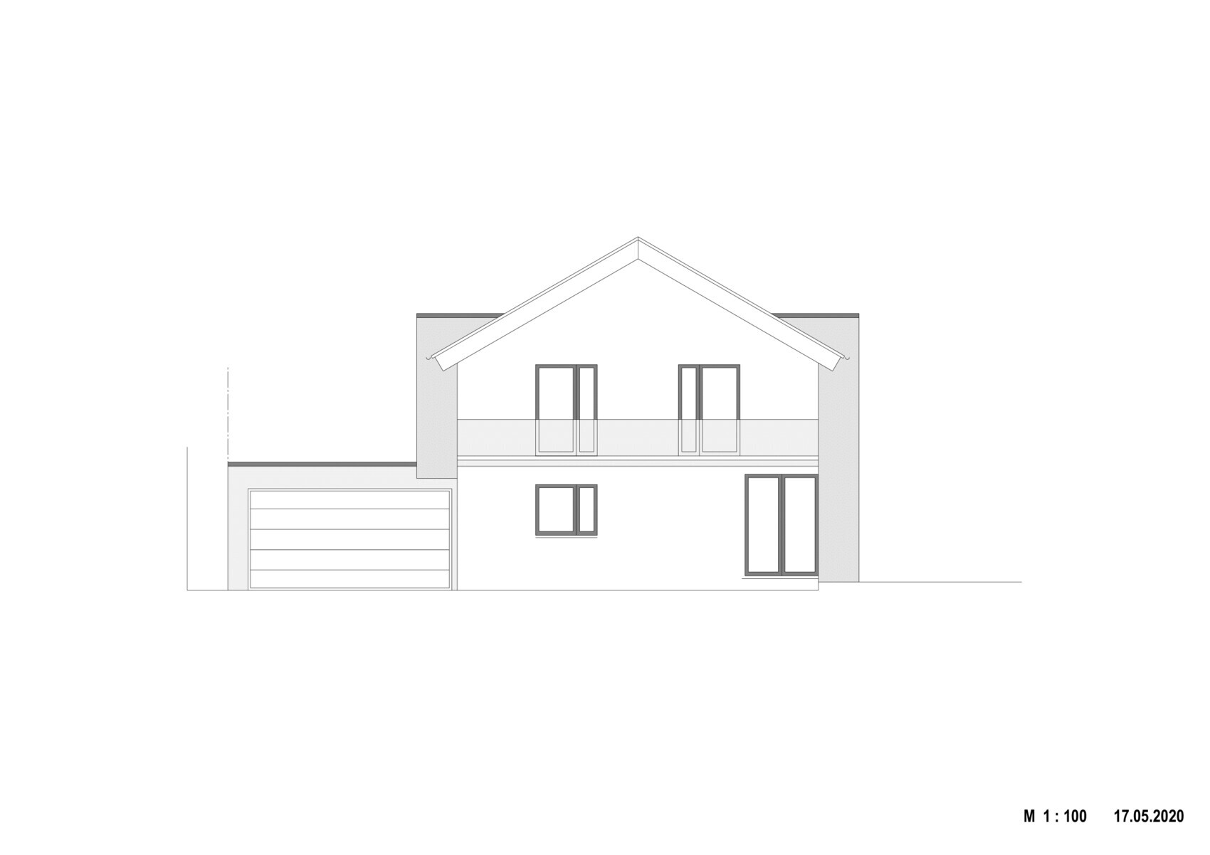 Modernes zweigeschossiges Haus mit Garage, Giebeldach und Balkon, Frontansicht.