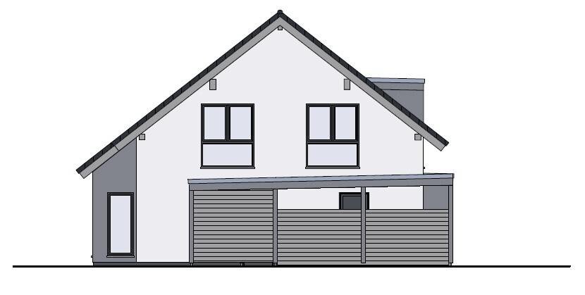 Modernes Einfamilienhaus mit Satteldach, weißer Fassade, zwei Fenstern und Carport