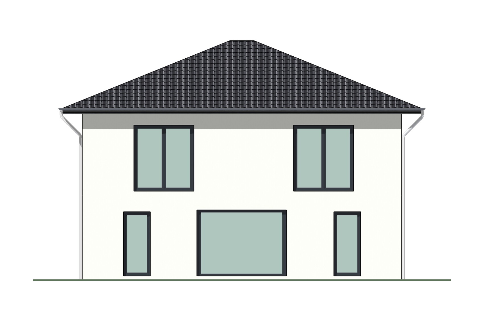 Modernes Einfamilienhaus mit dunklem Ziegeldach, hellen Wänden und großen Fenstern