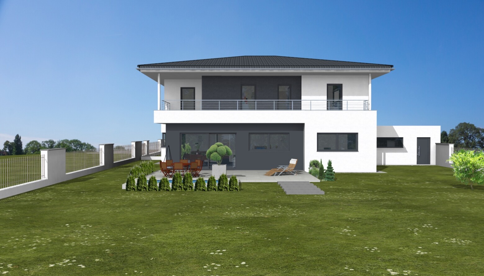Modernes zweistöckiges Haus mit grauer Fassade, großer Terrasse mit Gartenmöbeln.