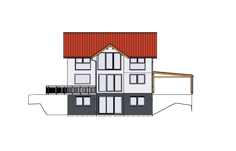 Mehrstöckiges Haus mit rotem Satteldach, großen Fenstern, Balkon links und Carport rechts.