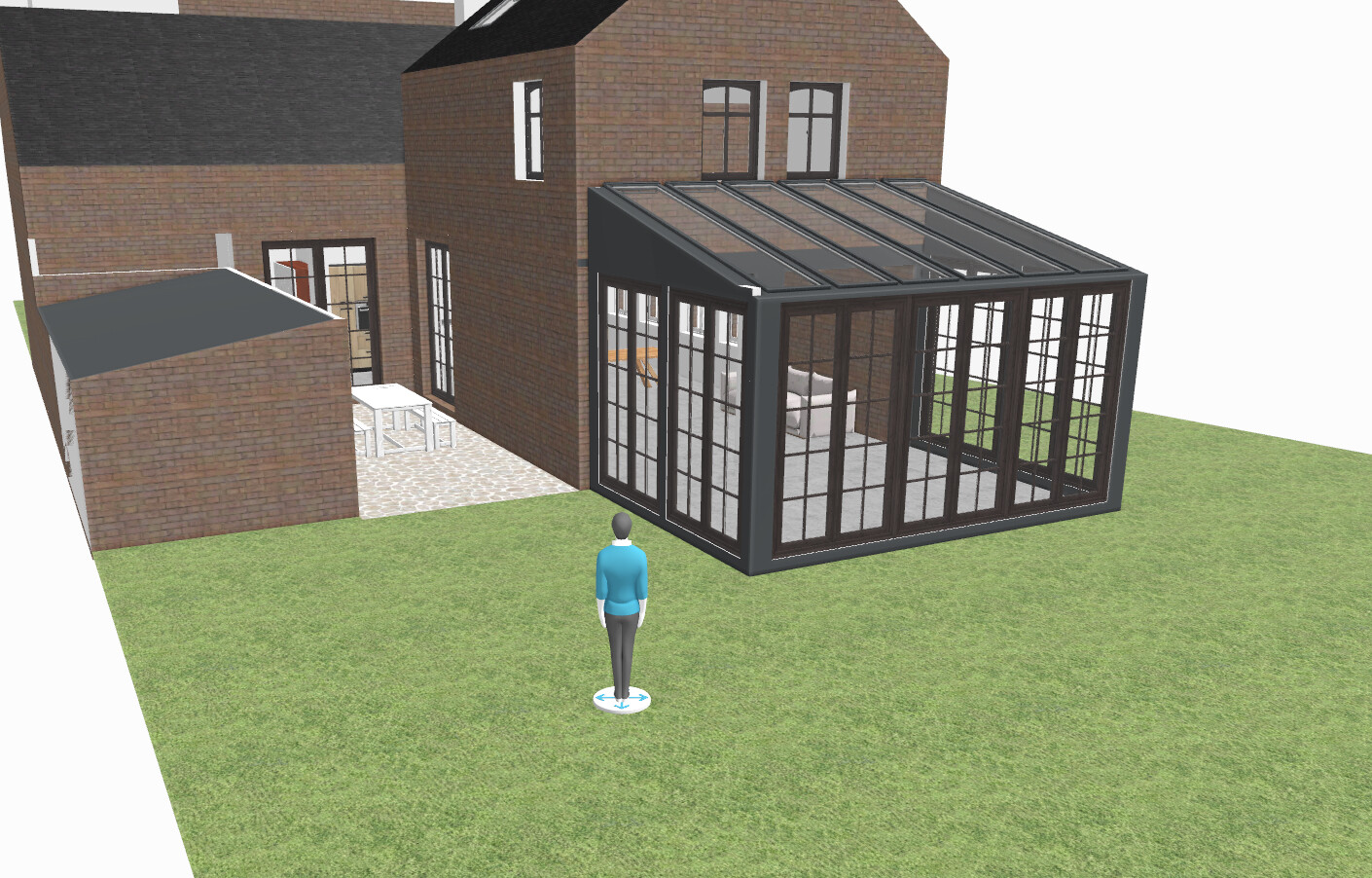 3D-Ansicht eines roten Backsteinhauses mit großer Glasveranda am Garten