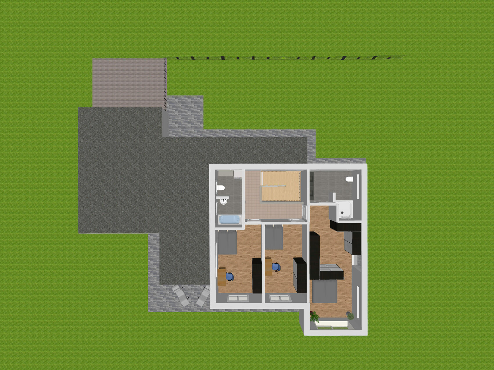 Grundriss eines Einfamilienhauses von oben mit mehreren Zimmern, Badezimmer, Küche, Wohnzimmer und Gartenbereich.