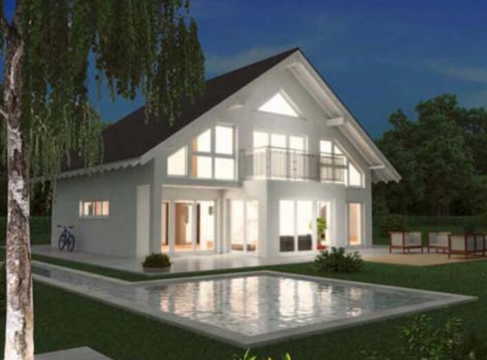 Modernes weißes Haus mit großen Fenstern und Pool im Vorgarten