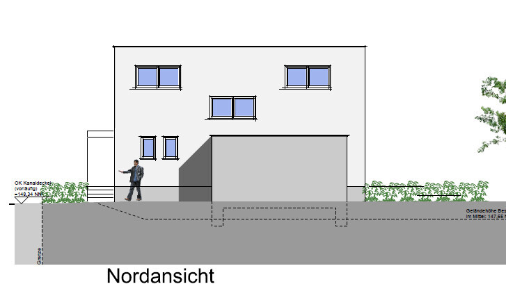 Nordansicht eines Hauses mit Garagenanbau, Person am Eingang, Gartenhecke beidseitig.