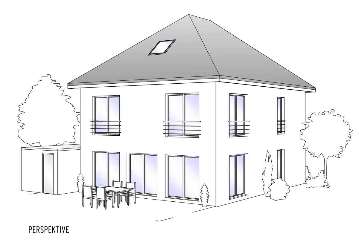Perspektivische Zeichnung eines zweistöckigen Hauses mit Terrasse, Gartenmöbeln und Bäumen.