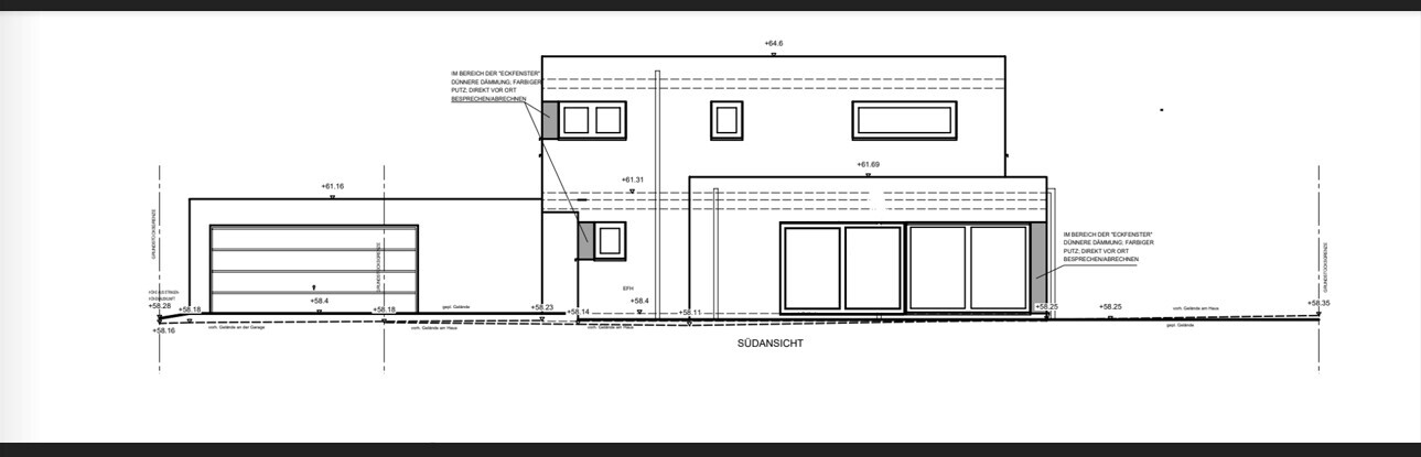 Südansicht eines modernen, zweistöckigen Hauses mit Garage links und großen Glasfenstern rechts.