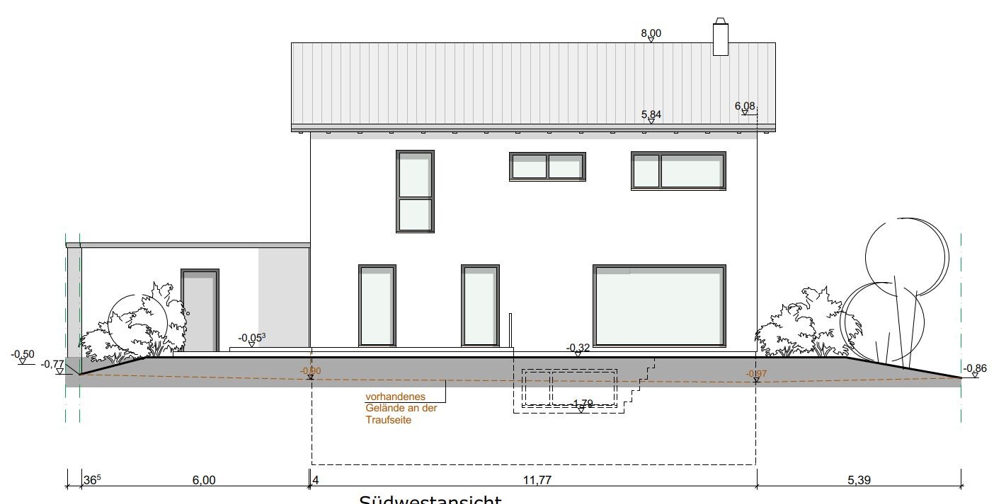 Südwestansicht eines modernen Hauses mit seitlichem Anbau, großen Fenstern und Geländeschnitt.