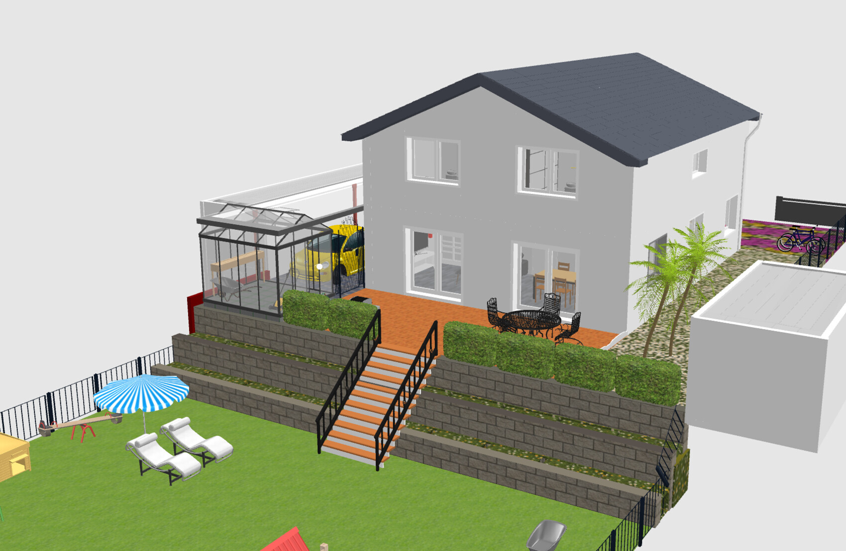 3D-Modell eines zweistöckigen Hauses mit Wintergarten, Terrasse, Treppe, Gartenmöbeln und Rasen.