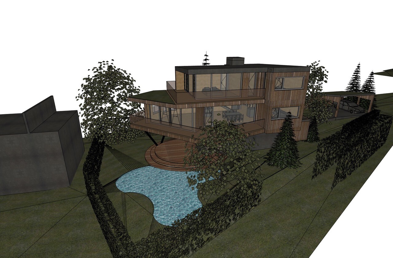 Moderne Holzhaus-Architektur mit großen Glasfronten, umlaufenden Terrassen, rundem Pool und Bäumen.