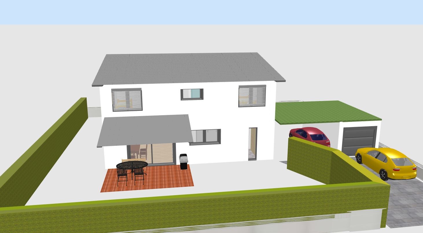 Moderne weiße Villa mit grauem Dach, Terrasse, grüner Hecke und Garage mit zwei Autos.