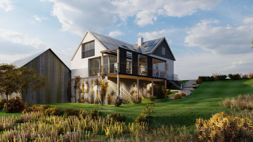 Moderne zweistöckige Villa mit Balkon, Hanglage, Garten und Person auf Balkon.