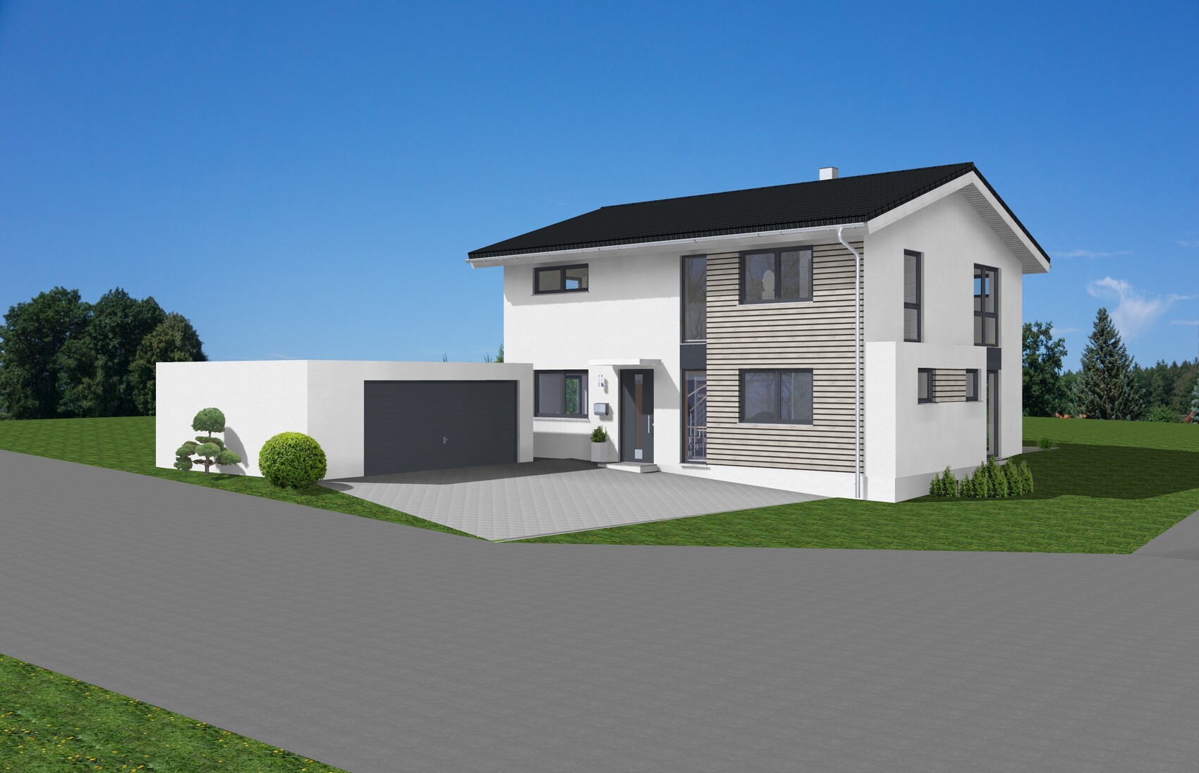 Moderne zweistöckige weiße Hausfront mit Holzverkleidung, links Garage, Auffahrt und Garten.