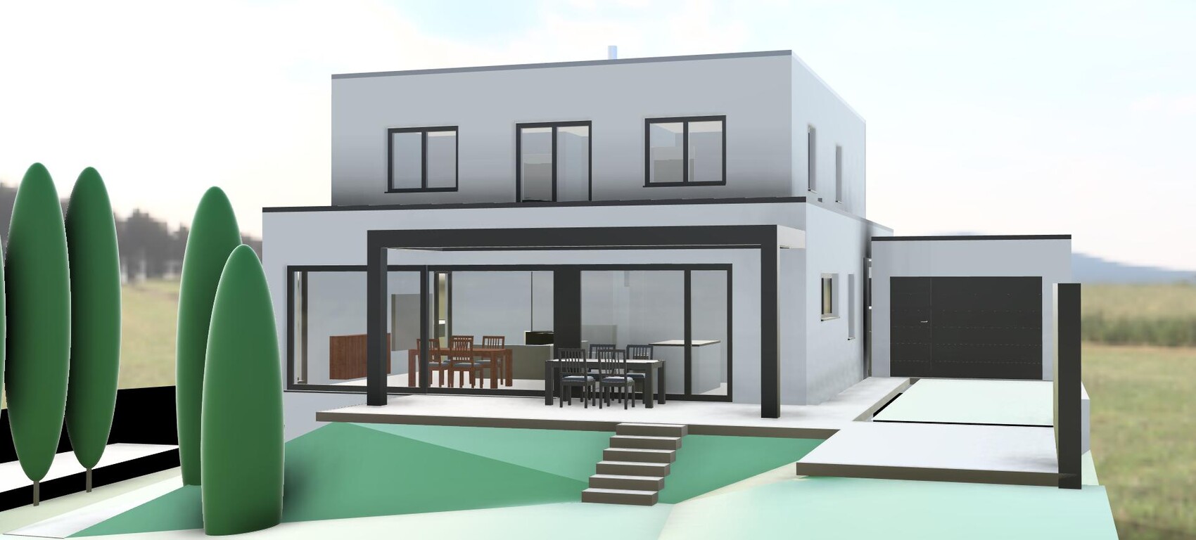 Moderne zweigeschossige Hausfront mit großer Glasfront, Terrasse und Garten im 3D-Modell.