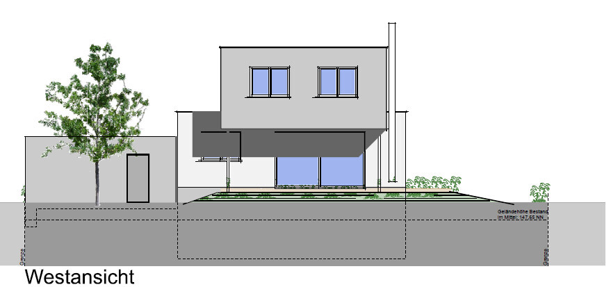 Moderne zweigeschossige Hausfassade mit Flachdach, Terrasse, Baum links, Garten in Westansicht.