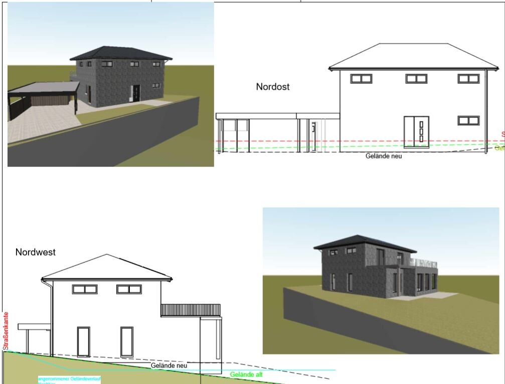 Architektur-Entwurf eines Hauses: 3D-Modell, Nordost- und Nordwest-Ansichten auf Gelände.