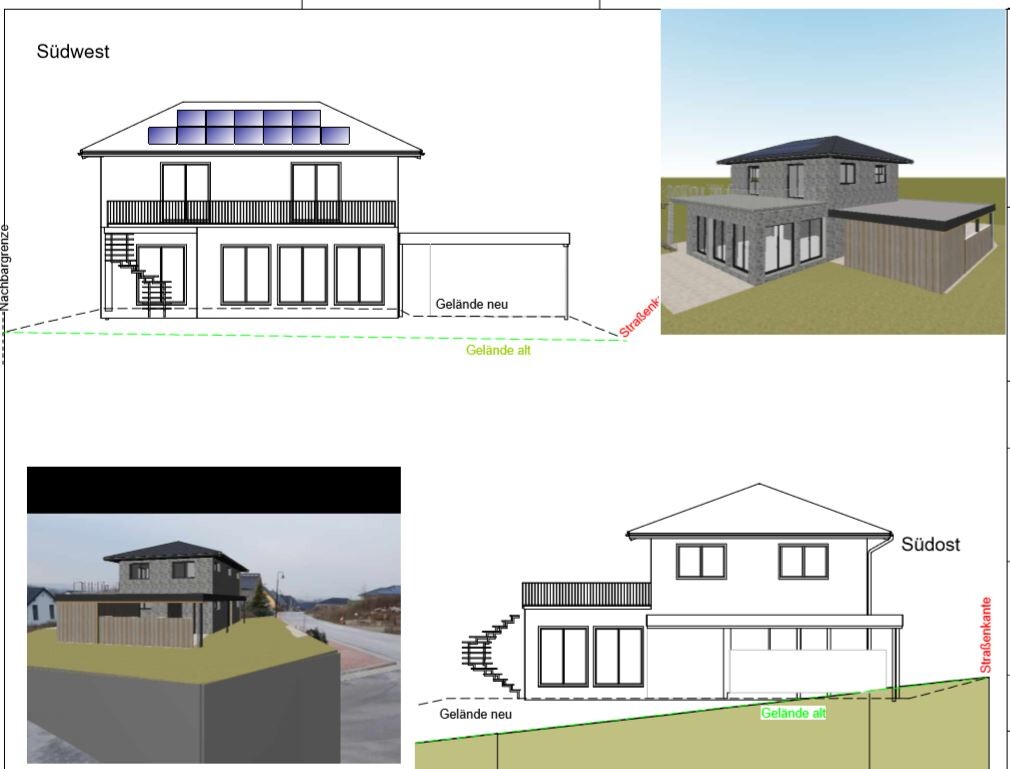 Mehrteiliger Architekturentwurf eines Hauses mit Balkon, Treppe, Solarmodulen und Geländeunterschieden.