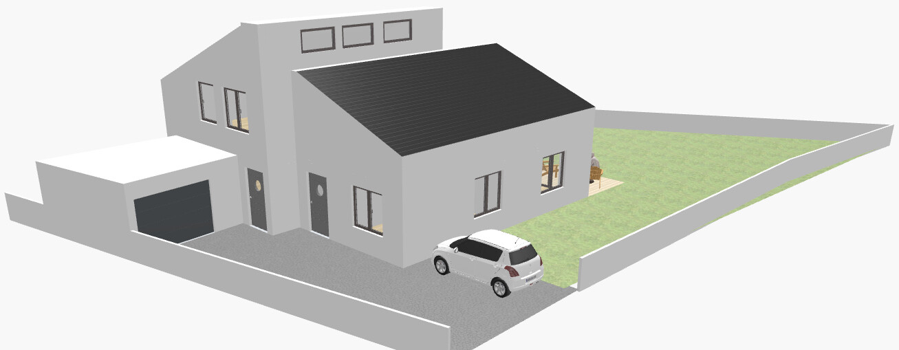 Moderne, zweigeschossige Villa mit Garage, Einfahrt, Garten und geparktes Auto.