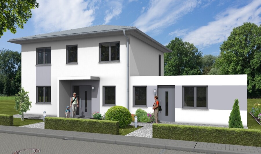Modernes weißes Haus mit Flachdach, Garten und drei Personen am Eingang.