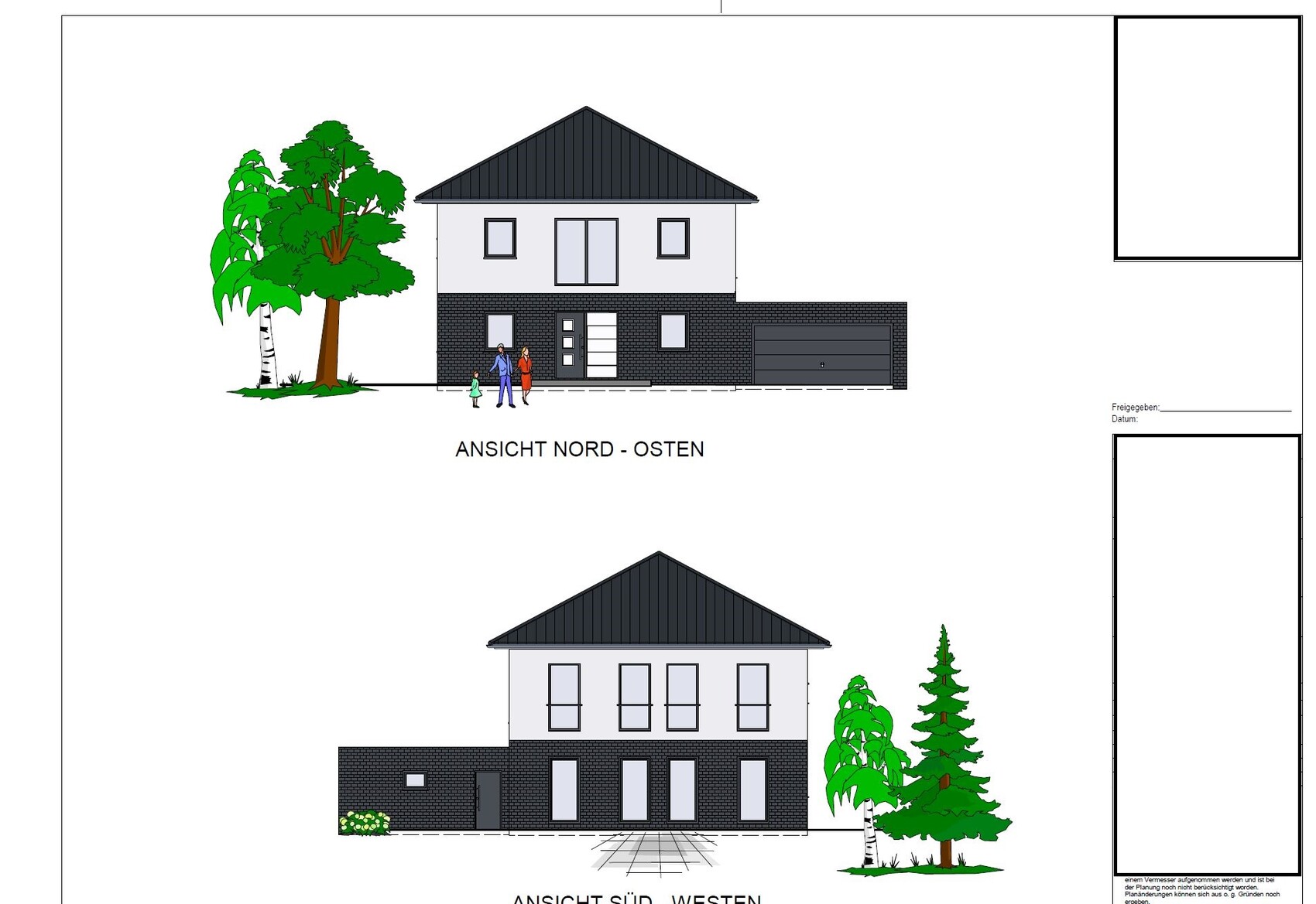 Architekturzeichnung eines modernen Hauses mit Garage, dunklem Dach und Bäumen (Nord-Ost/Süd-West)