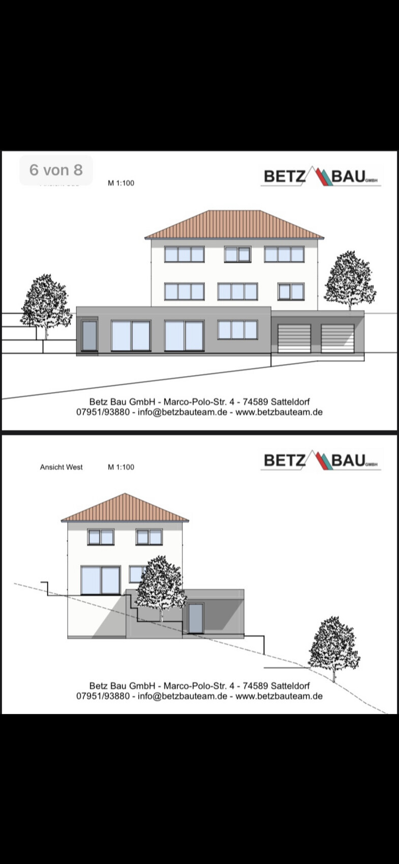 Architekturentwurf eines zweigeschossigen Hauses mit Anbau und Garage; Vorder- und Westansicht.