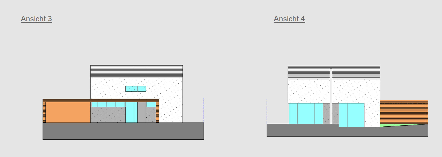 Ansicht 3 und 4: Zwei moderne Baufassaden mit orange, grauen und blauen Akzenten.