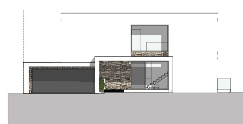 Moderne zweigeschossige Hausfassade mit Steinwand, großen Glasfenstern und Garage.