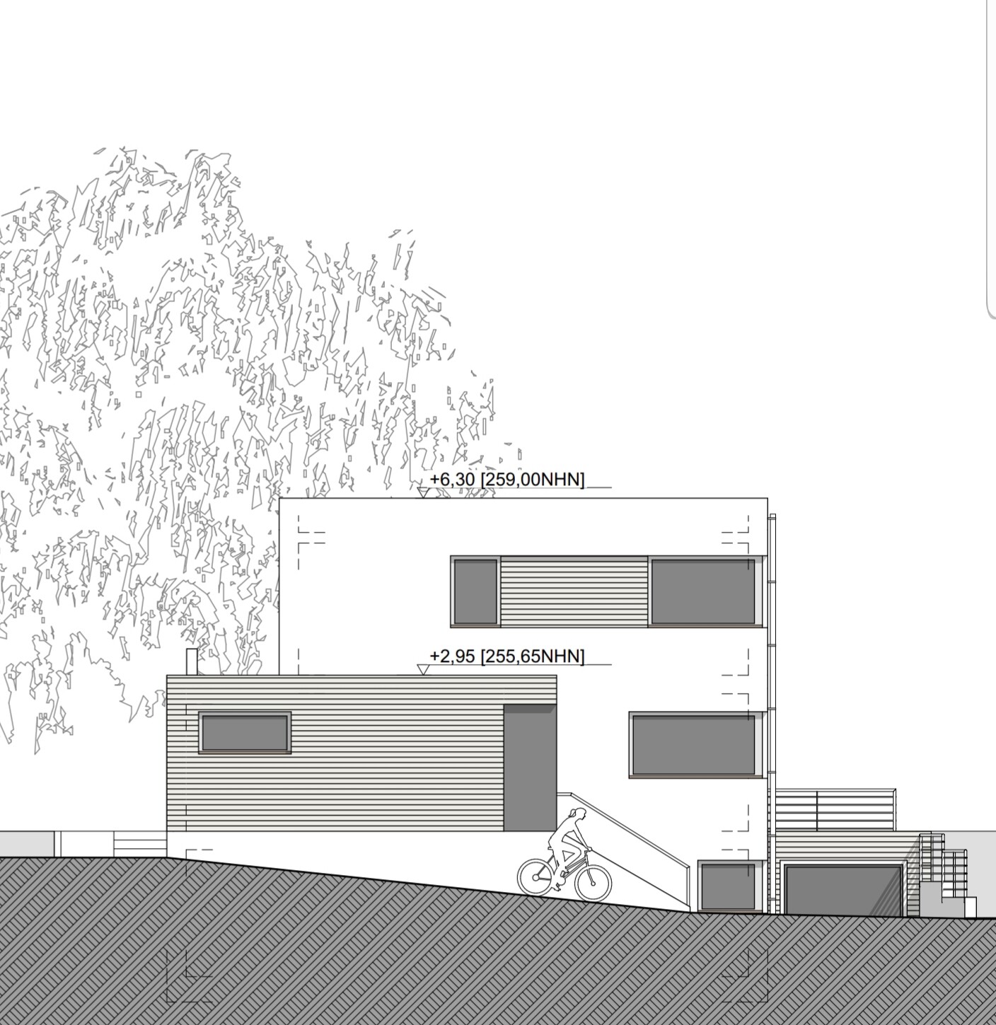 Architektonische Zeichnung eines modernen Mehrfamilienhauses mit Rampe und Fahrradfahrer.