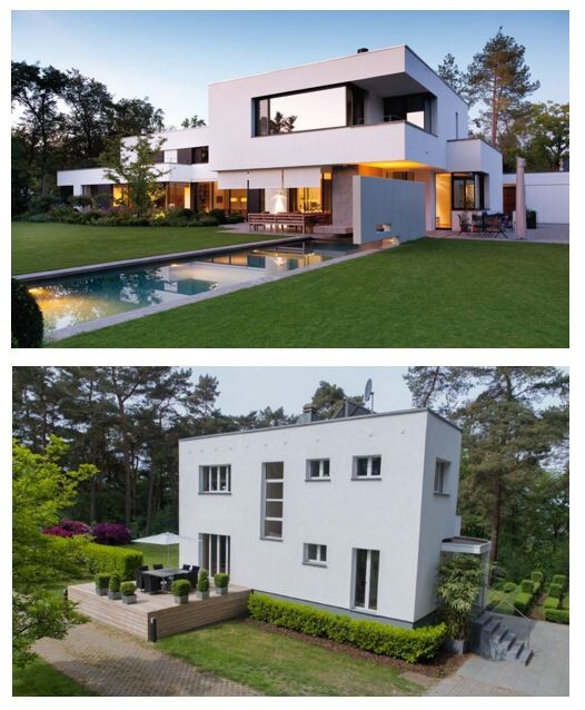 Zweiteiliges Bild: oben weißes modernes Haus mit Pool; unten kubisches weißes Haus mit Terrasse.