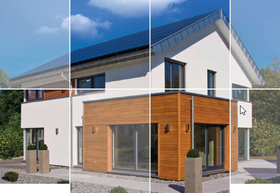 Moderne zweistöckige Hausfront mit Holzverkleidung, großen Glasfenstern und Solarmodulen.