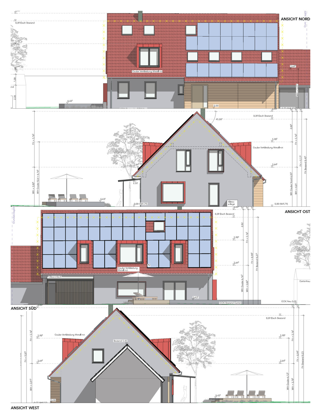 Vier Ansichten eines modernen Einfamilienhauses (Nord, Ost, Süd, West) mit PV-Dach und Glasfassade.