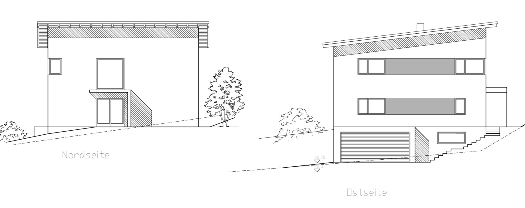 Nord- und Ostansicht eines modernen Hauses auf Hanglage, mit Garage, Treppen und Bäumen.