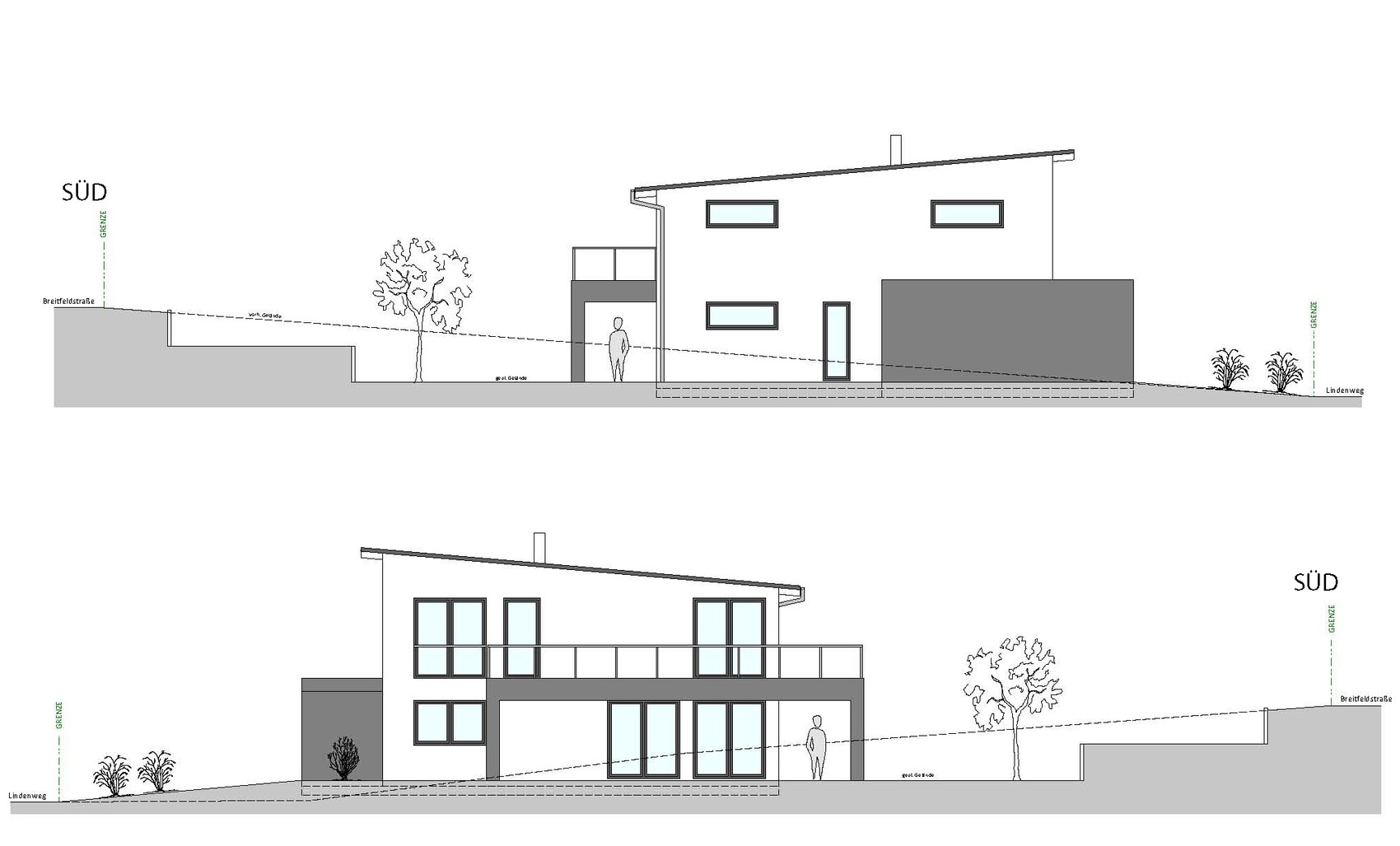 Moderne, zweigeschossige Hausansicht (Seiten- und Frontansicht) mit geneigtem Dach, Balkonen.
