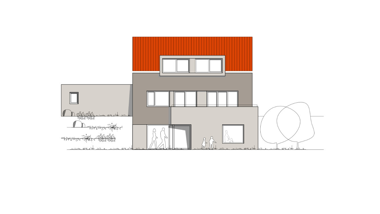 Moderne mehrstöckige Wohnanlage mit rotem Dach, großen Fenstern und Eingangsbereich samt Garten.