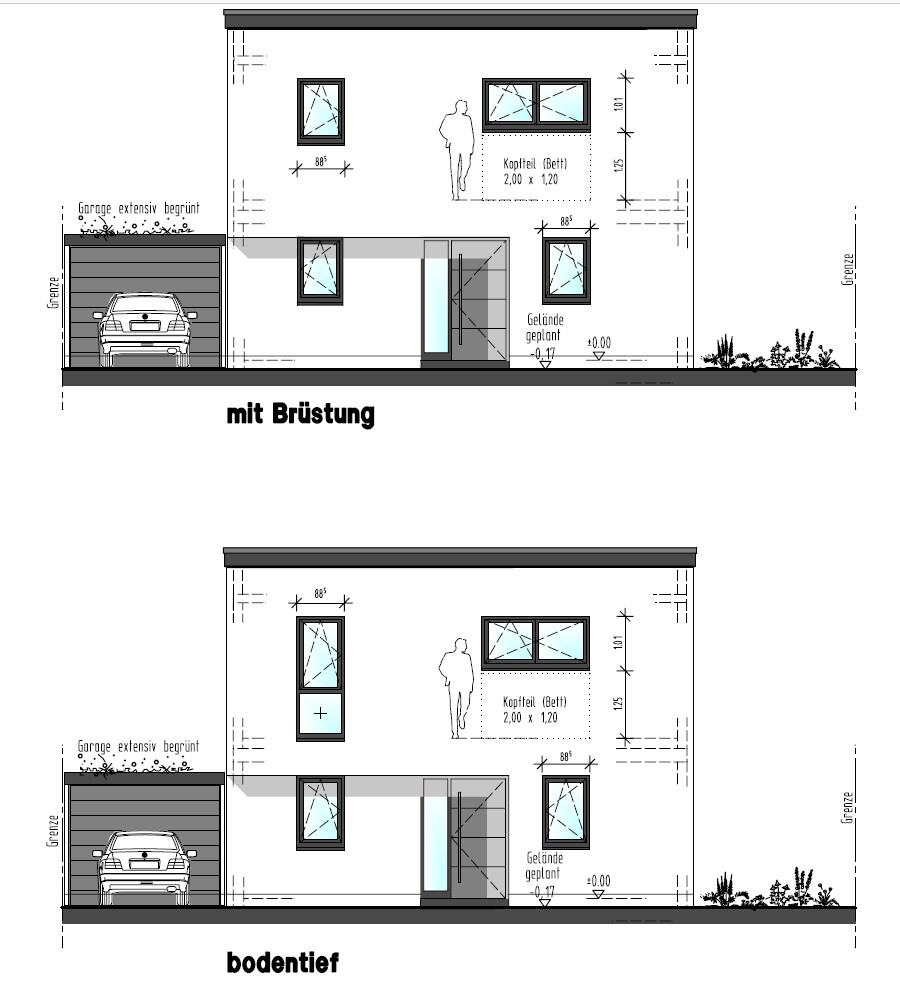 Zwei Hausansichten: Front- und Seitenansicht eines Hauses mit Garage, Fenstern und Maßangaben