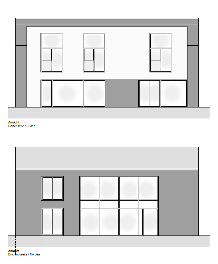 Zweistöckige Gebäudefassade mit Erdgeschossfenstern (Südfassade) und Glasfront an der Nordseite.