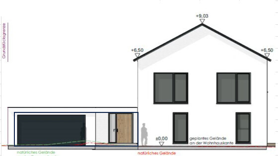 Seitenansicht eines Hauses mit Garagenanbau links, Geländemarkierungen und Höhenangaben.