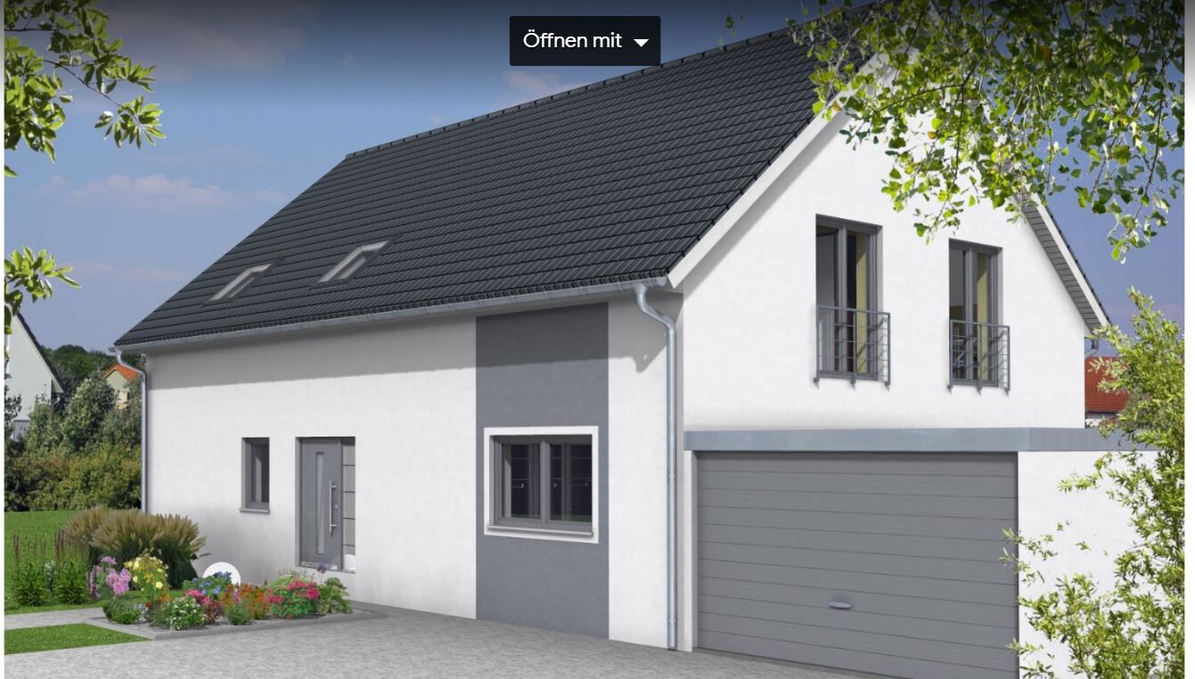 Modernes zweistöckiges Haus mit grauer Garage, weißen Wänden und Garten