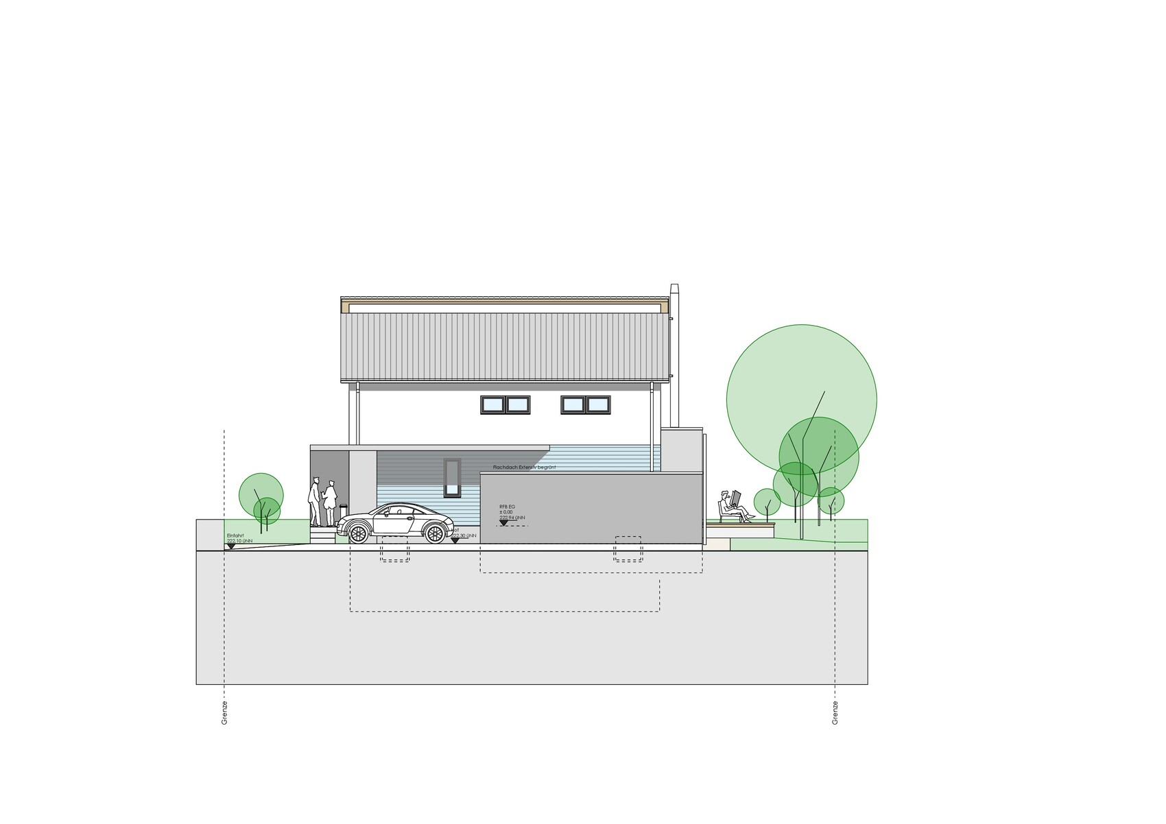 Ansicht eines modernen zweigeschossigen Hauses mit Garage, Auto, Eingang, Garten und Bäumen.