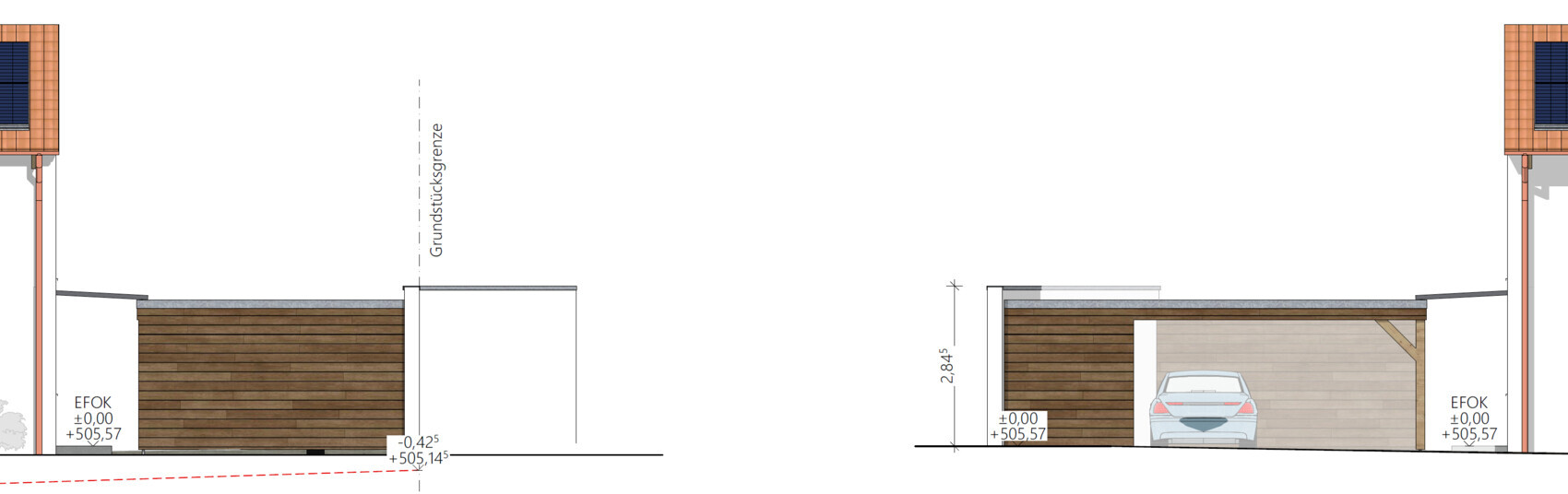 Außenansicht eines Grundstücks mit Holzzäunen, Carport und angrenzenden Bauteilen.