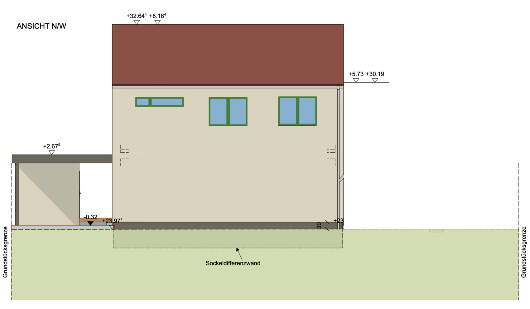 NW-Ansicht: Haus mit rotem Dach, beige Fassade, blaue Fenster mit grünen Rahmen, Anbau links.