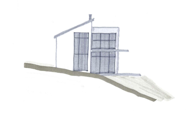 Skizze eines modernen Hauses mit großen Glasfenstern auf abschüssigem Gelände.