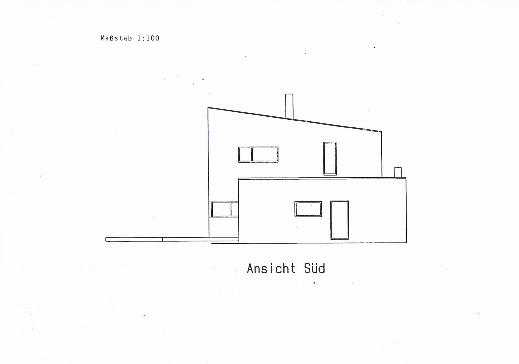 Südansicht eines modernen zweigeschossigen Hauses als Skizzenzeichnung mit flachem Dach und Fenstern.