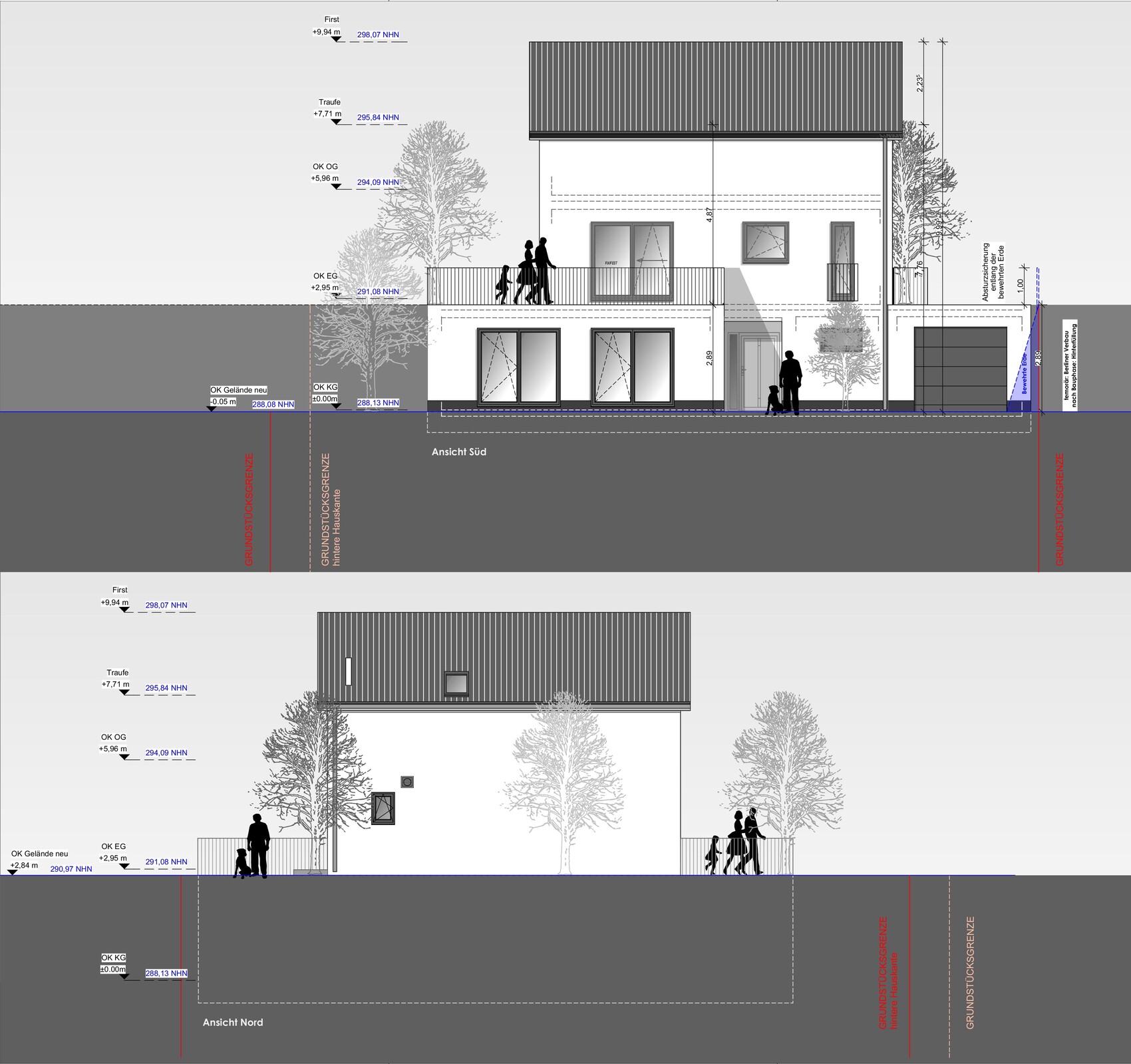 Architekturzeichnung eines modernen, zweigeschossigen Hauses mit Terrasse, Balkon, Fenstern und Garage.