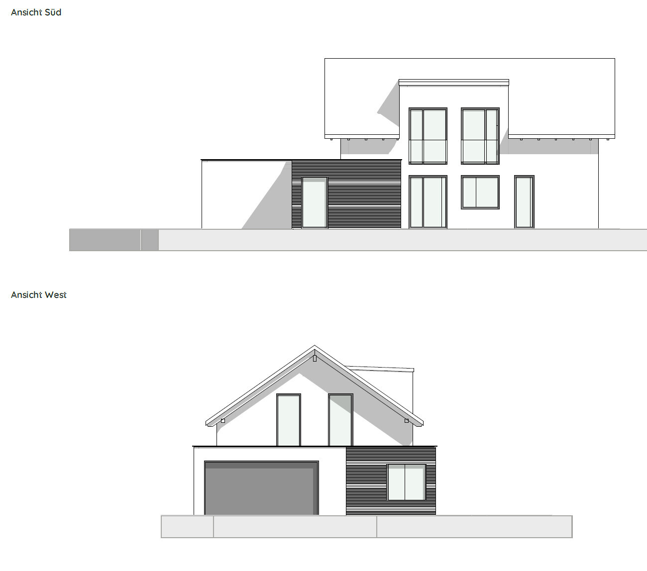 Moderne Hausansicht: Süd- und Westseite mit großen Fenstern und Holzlamellen
